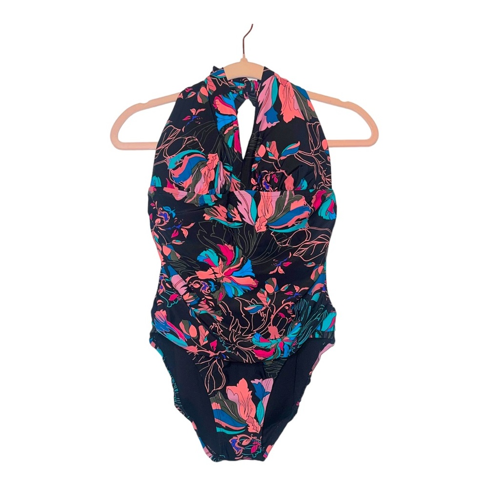 Time and Tru Navy One-Piece Swimsuit with Pink & Teal Floral Print never worn